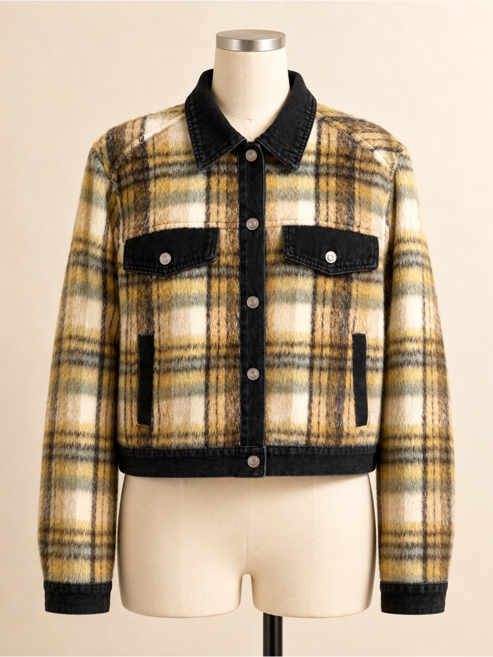 For The Republic Women’s Cropped Plaid Black Denim Trucker Jacket Size L -  NWT